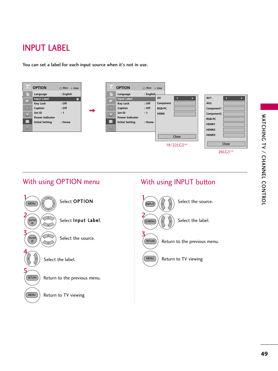 Input label, With using option menu, With using input button | Watching tv / channel contr ol, Select the source, Return to the previous menu, Return to tv viewing, Select the source. select the label | LG 26LG30 User Manual | Page 51 / 116