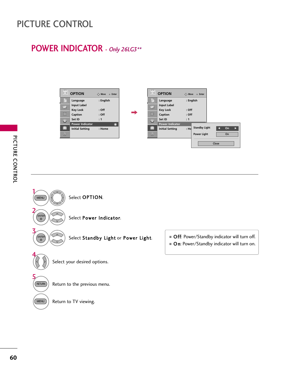 Power indicator - only 26lg3, Picture control, Power indicator | Only 26lg3, Picture contr ol | LG 26LG30 User Manual | Page 62 / 116