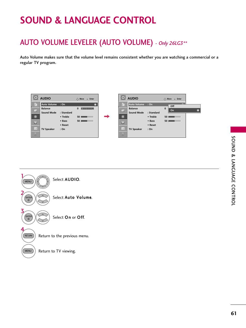 Sound & language control, Auto volume leveler (auto volume) - only 26lg3, Auto volume leveler (auto volume) | Only 26lg3, Sound & langu a ge contr ol | LG 26LG30 User Manual | Page 63 / 116