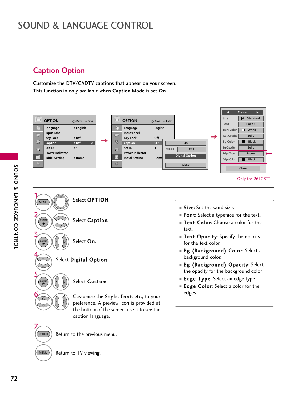 Caption option, Sound & language control, Sound & langu a ge contr ol | LG 26LG30 User Manual | Page 74 / 116