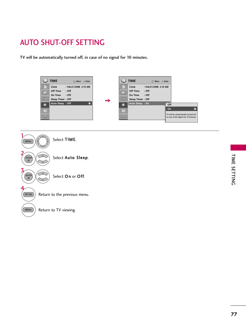 Auto shut-off setting, Time setting | LG 26LG30 User Manual | Page 79 / 116