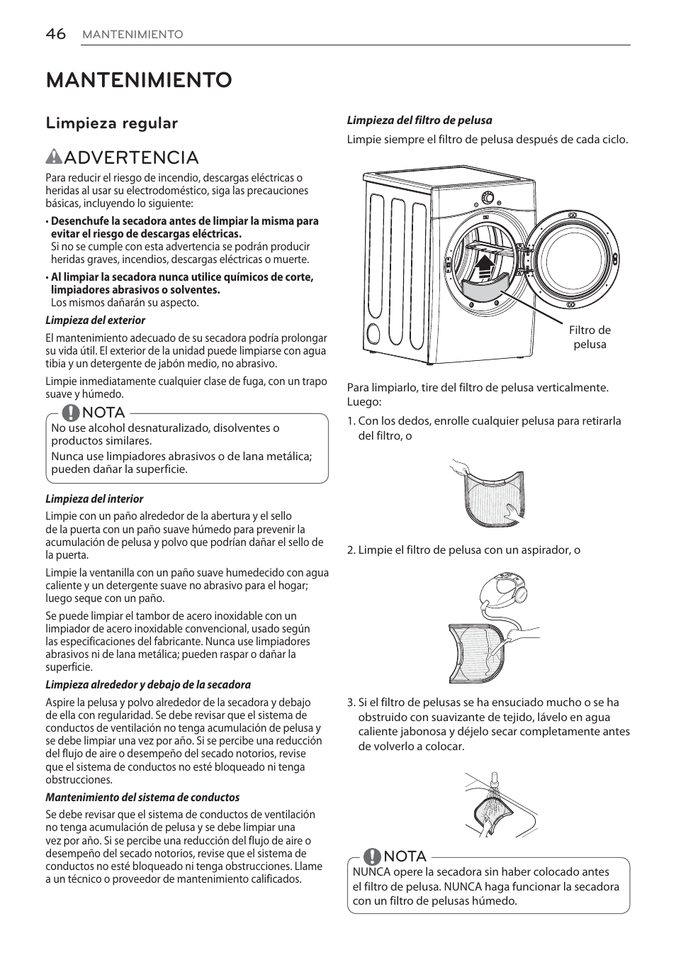 Mantenimiento, Wadvertencia, Limpieza regular | LG DLEX3570W User Manual | Page 100 / 116