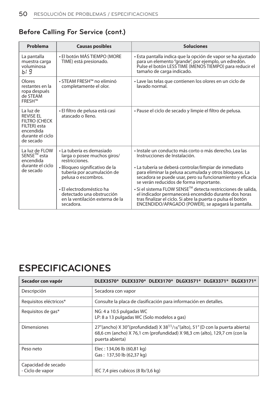 Especificaciones, Before calling for service (cont.) | LG DLEX3570W User Manual | Page 104 / 116