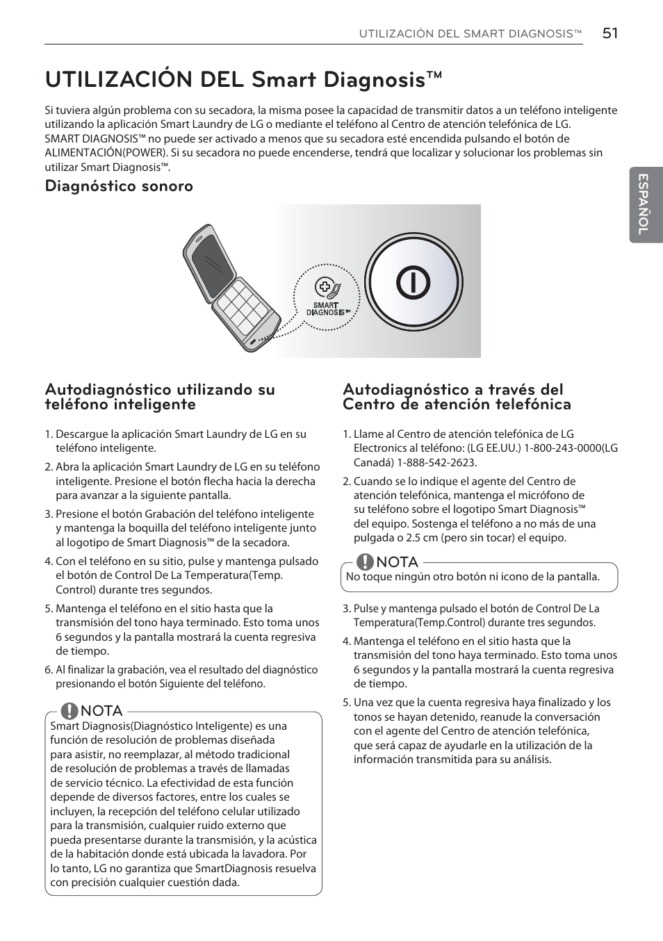 Utilización del smart diagnosis, Diagnóstico sonoro, Autodiagnóstico utilizando su teléfono inteligente | LG DLEX3570W User Manual | Page 105 / 116