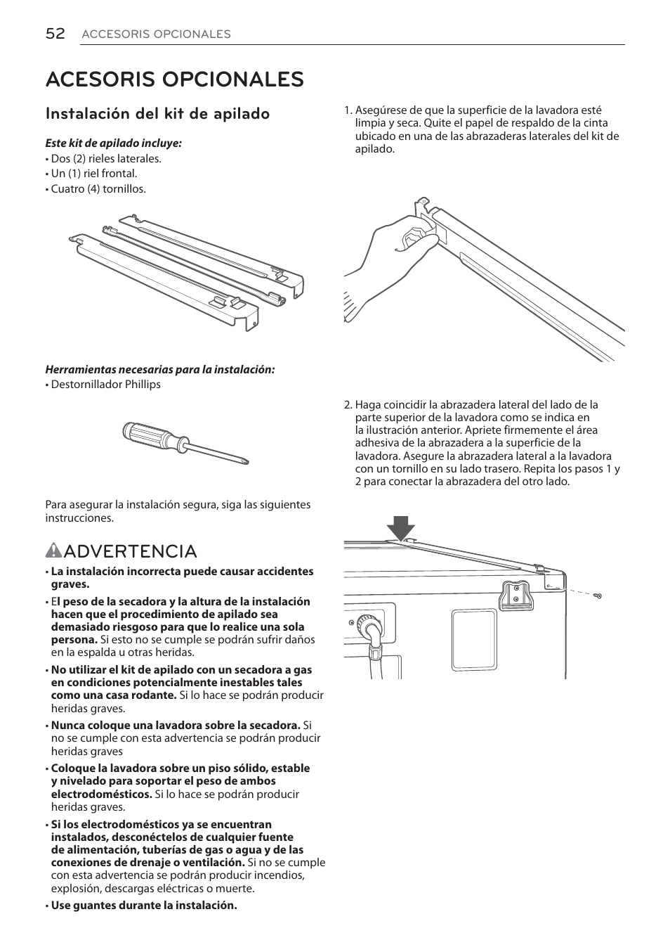 Acesoris opcionales, Wadvertencia, Instalación del kit de apilado | LG DLEX3570W User Manual | Page 106 / 116