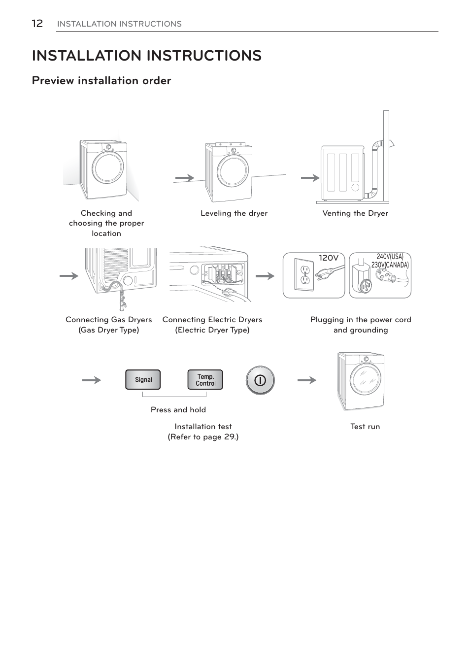 Installation instructions, Preview installation order | LG DLEX3570W User Manual | Page 12 / 116