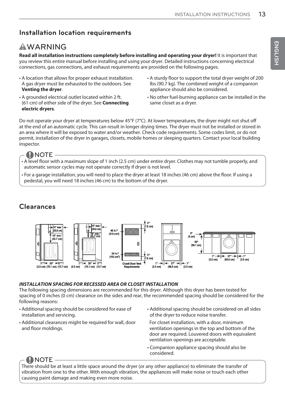 Wwarning, Installation location requirements, Clearances | English | LG DLEX3570W User Manual | Page 13 / 116