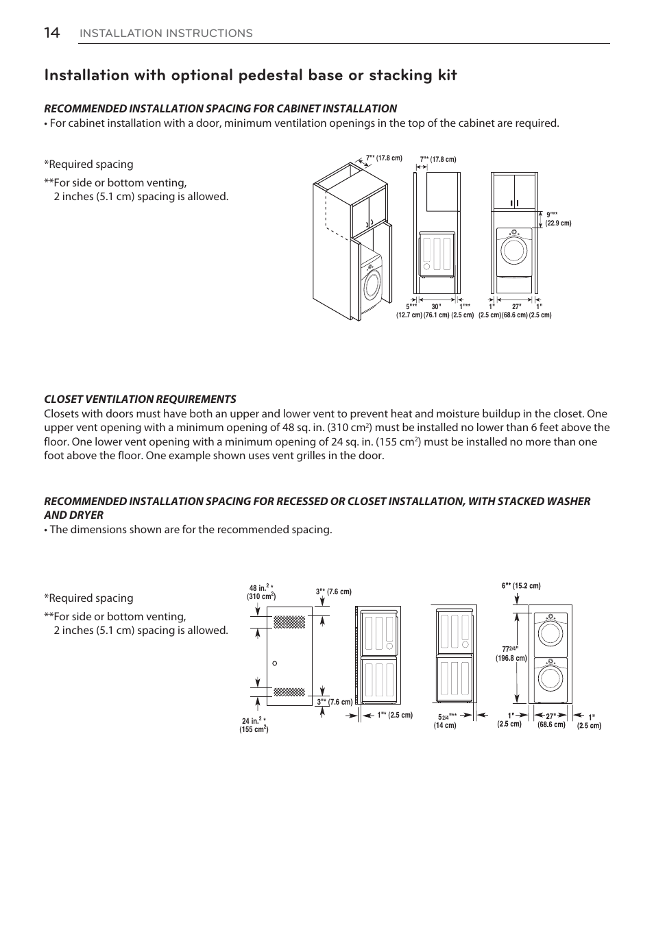 Installation instructions | LG DLEX3570W User Manual | Page 14 / 116