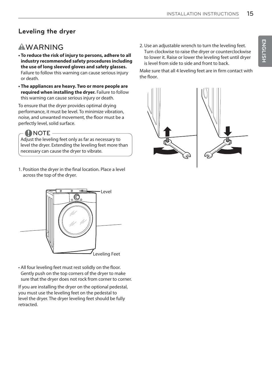 Wwarning, Leveling the dryer | LG DLEX3570W User Manual | Page 15 / 116