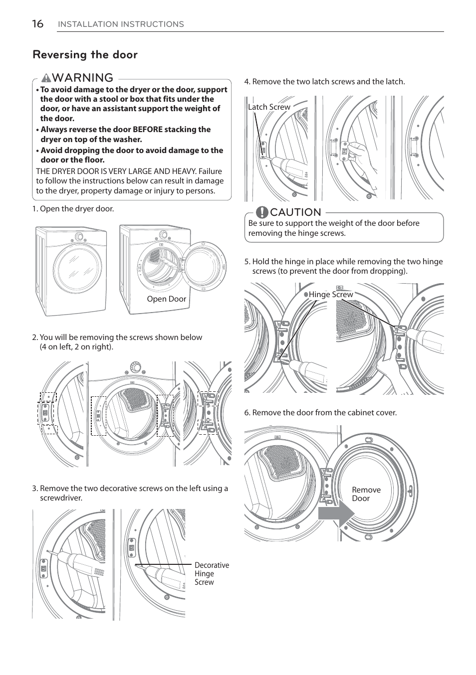 Warning, Reversing the door, Caution | LG DLEX3570W User Manual | Page 16 / 116