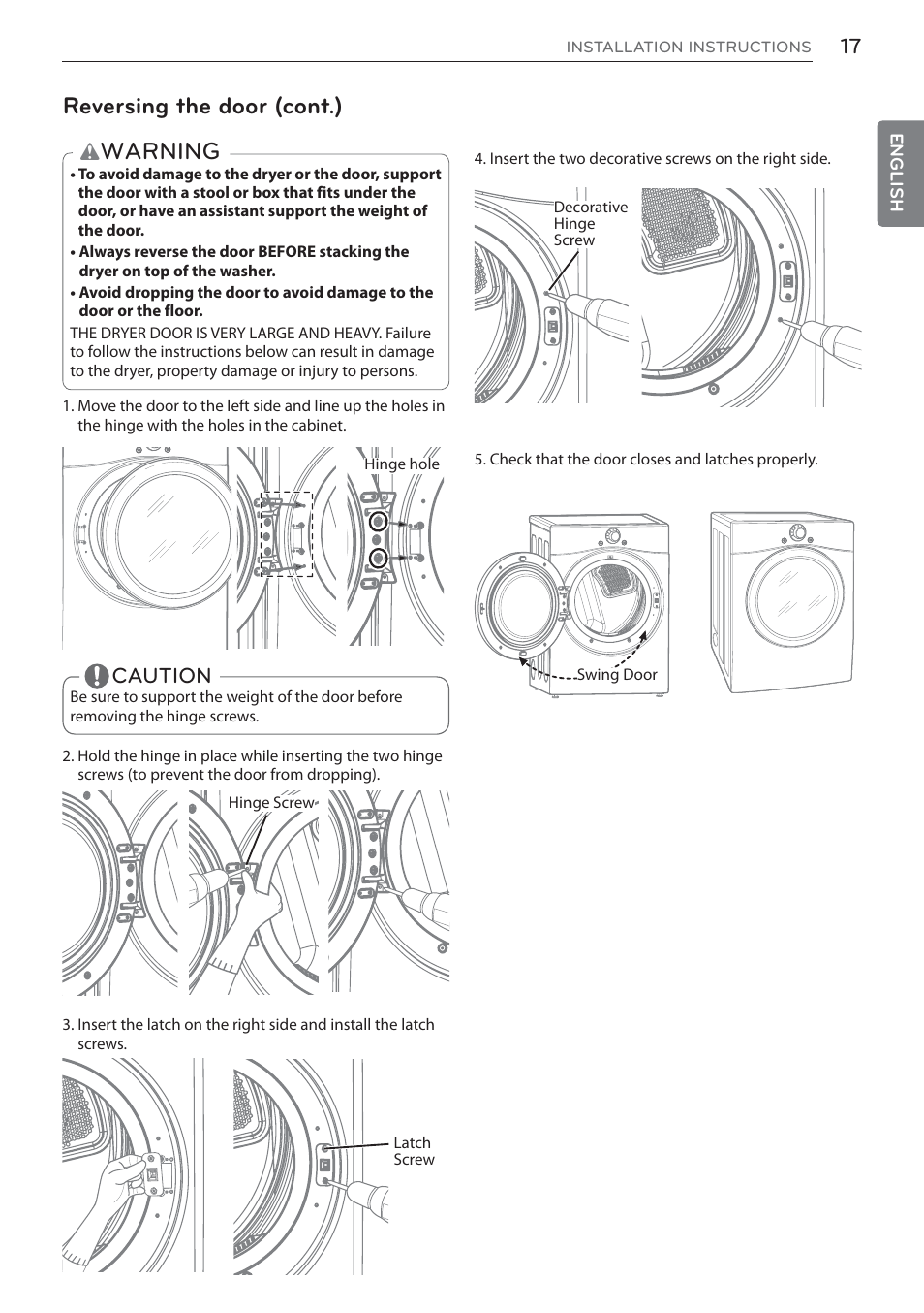 Warning, Reversing the door (cont.), Caution | LG DLEX3570W User Manual | Page 17 / 116