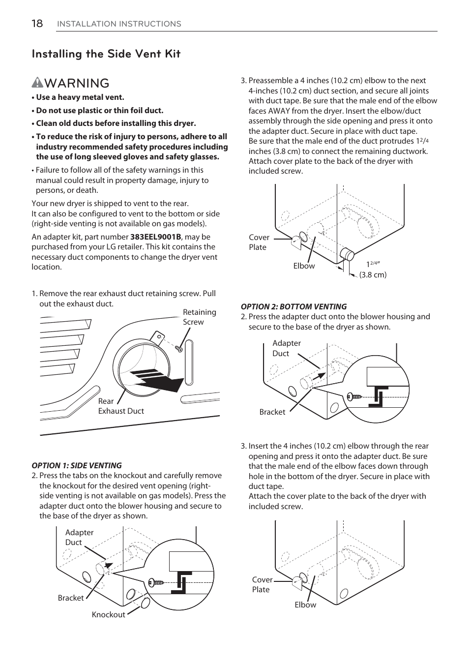 Wwarning, Installing the side vent kit | LG DLEX3570W User Manual | Page 18 / 116