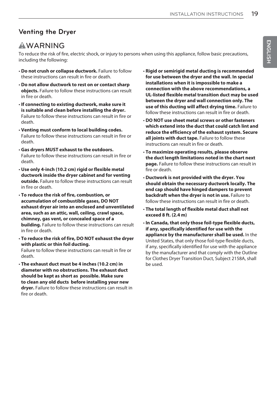 Wwarning, Venting the dryer | LG DLEX3570W User Manual | Page 19 / 116