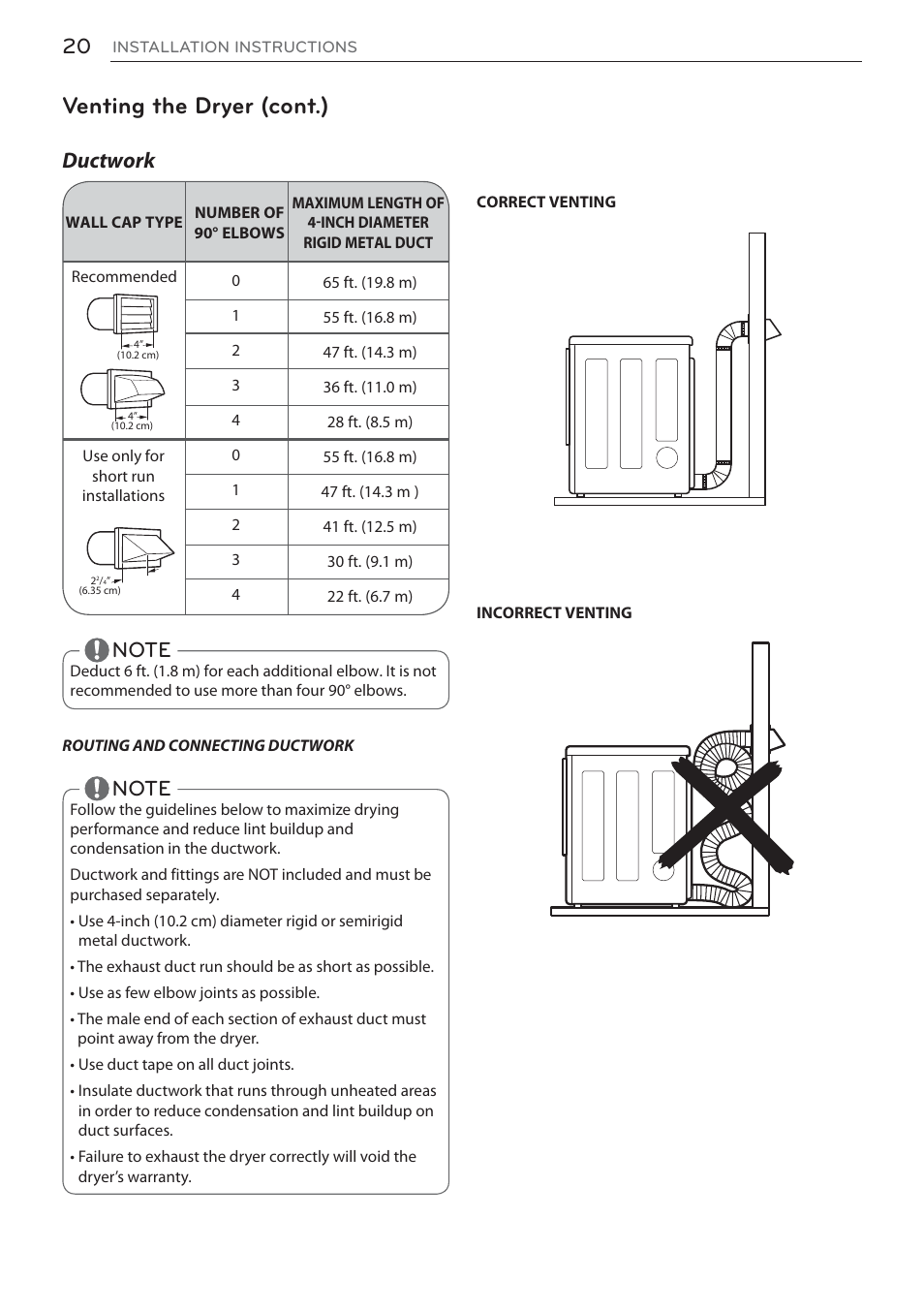 Venting the dryer (cont.), Ductwork | LG DLEX3570W User Manual | Page 20 / 116