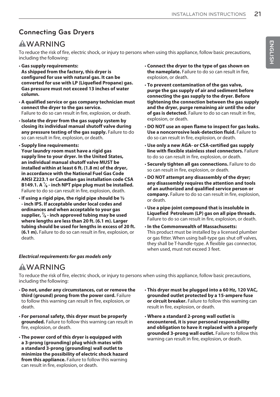 Wwarning, Connecting gas dryers | LG DLEX3570W User Manual | Page 21 / 116