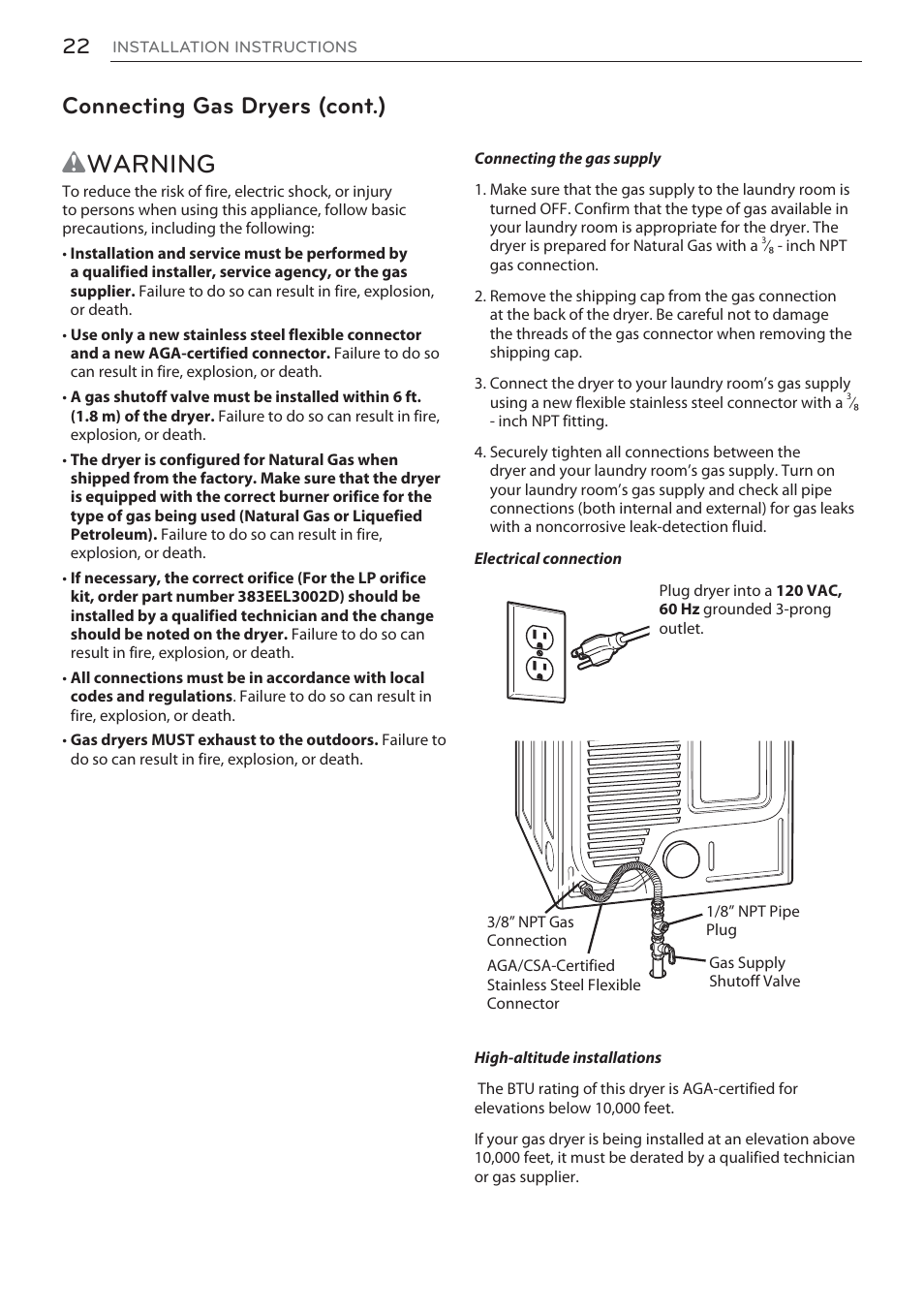 Wwarning, Connecting gas dryers (cont.) | LG DLEX3570W User Manual | Page 22 / 116