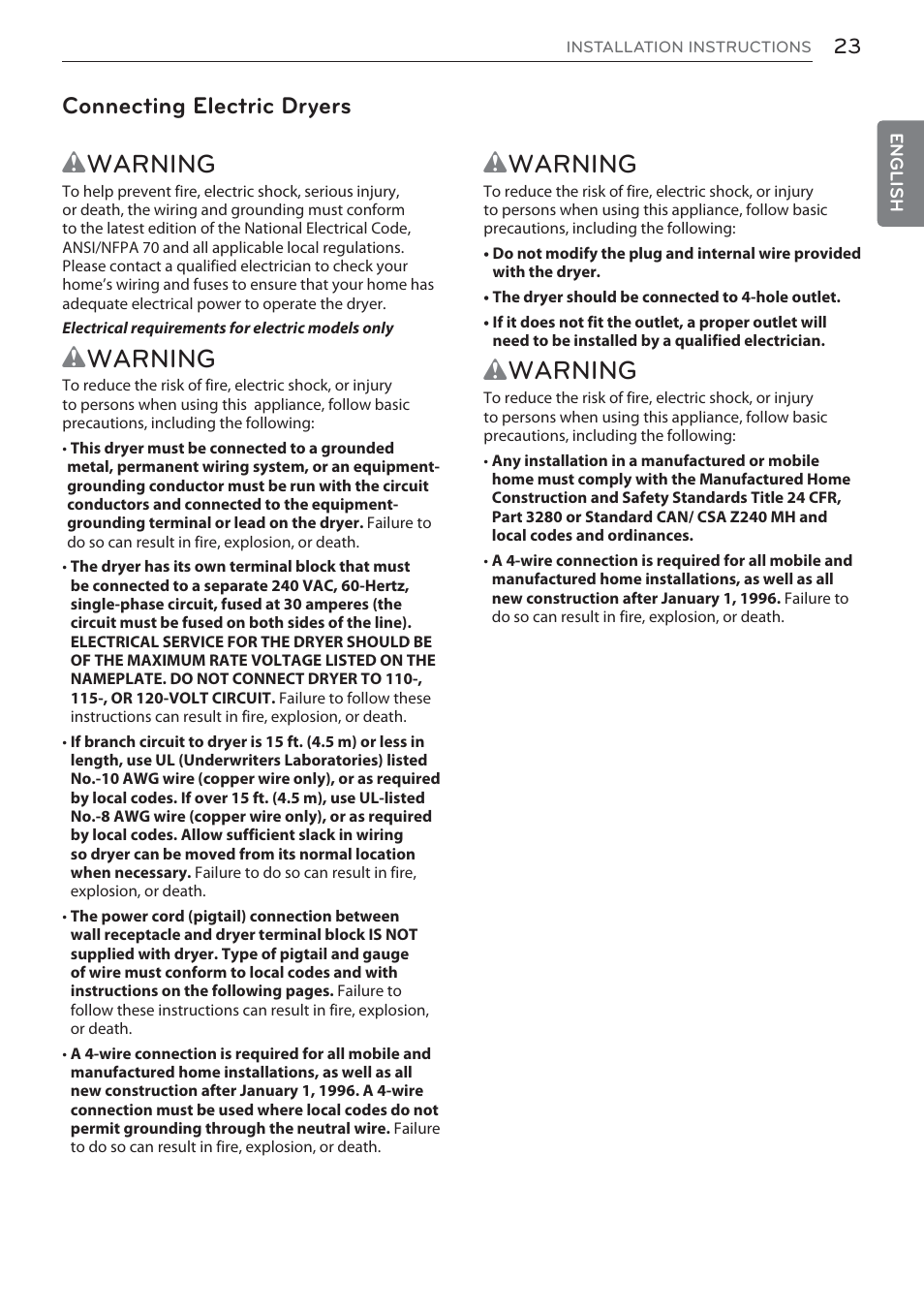 Wwarning, Connecting electric dryers | LG DLEX3570W User Manual | Page 23 / 116
