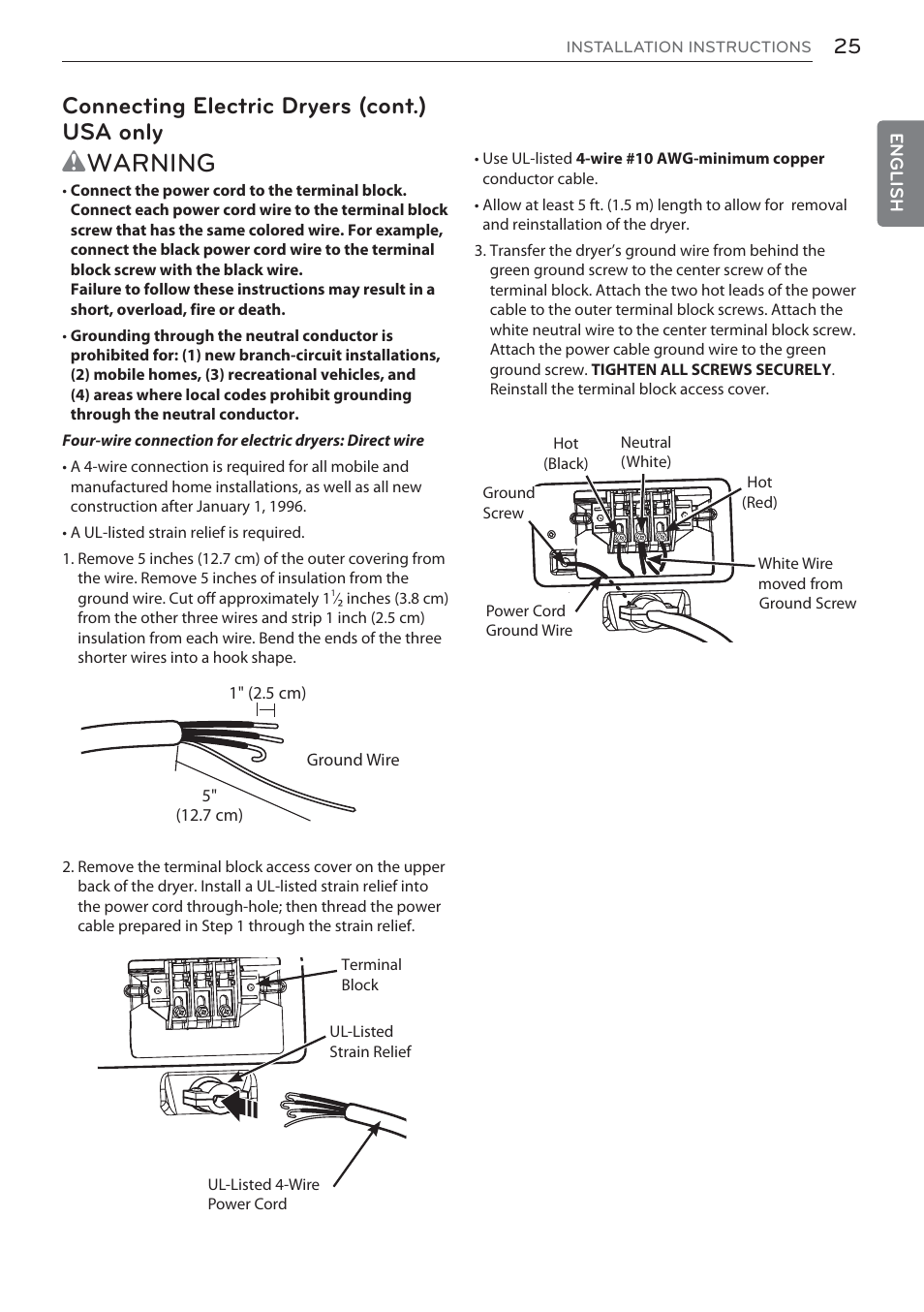Wwarning, Connecting electric dryers (cont.) usa only | LG DLEX3570W User Manual | Page 25 / 116