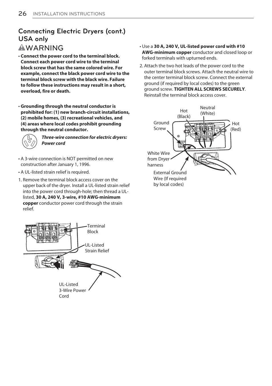 Wwarning, Connecting electric dryers (cont.) usa only | LG DLEX3570W User Manual | Page 26 / 116