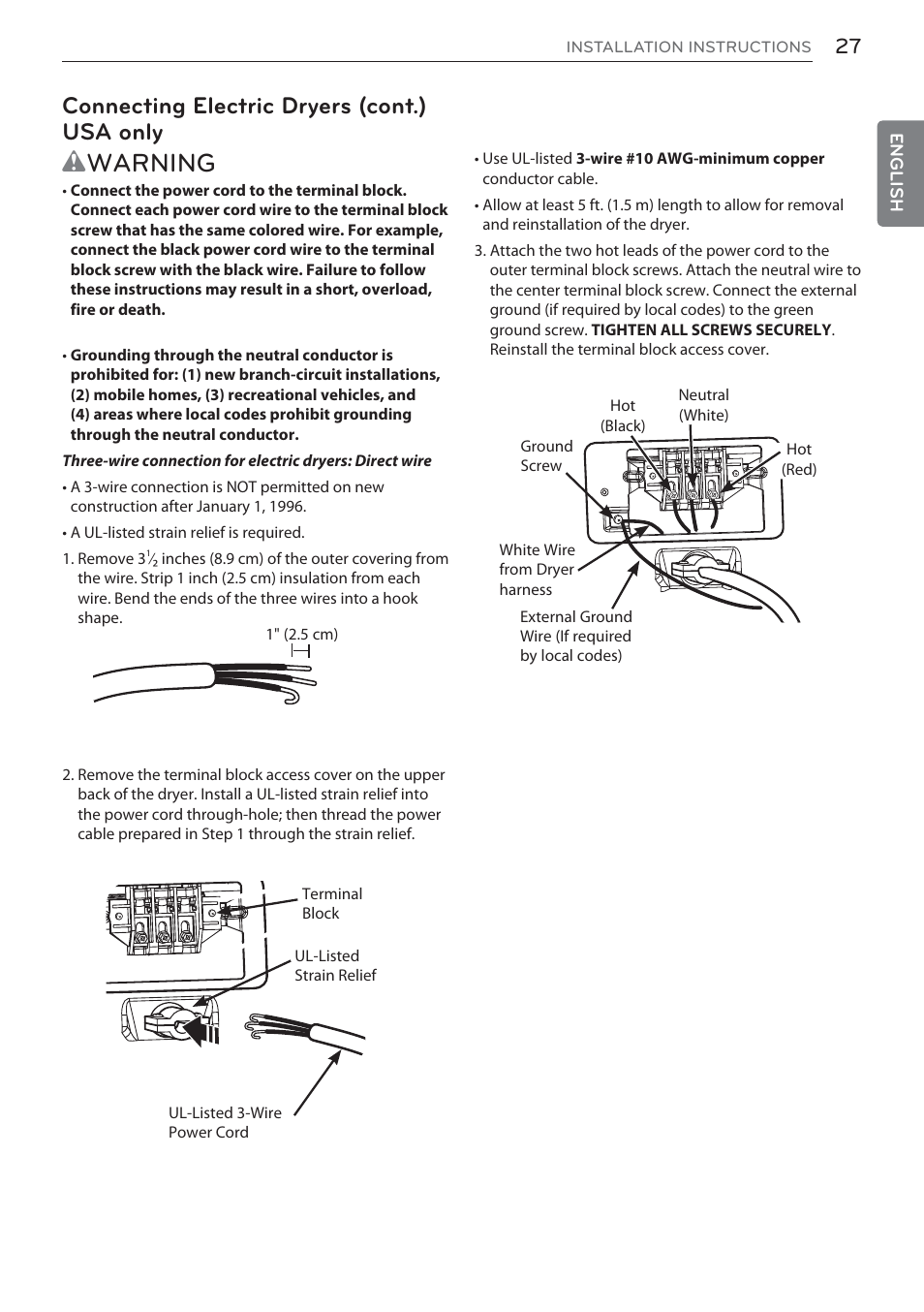 Wwarning, Connecting electric dryers (cont.) usa only | LG DLEX3570W User Manual | Page 27 / 116