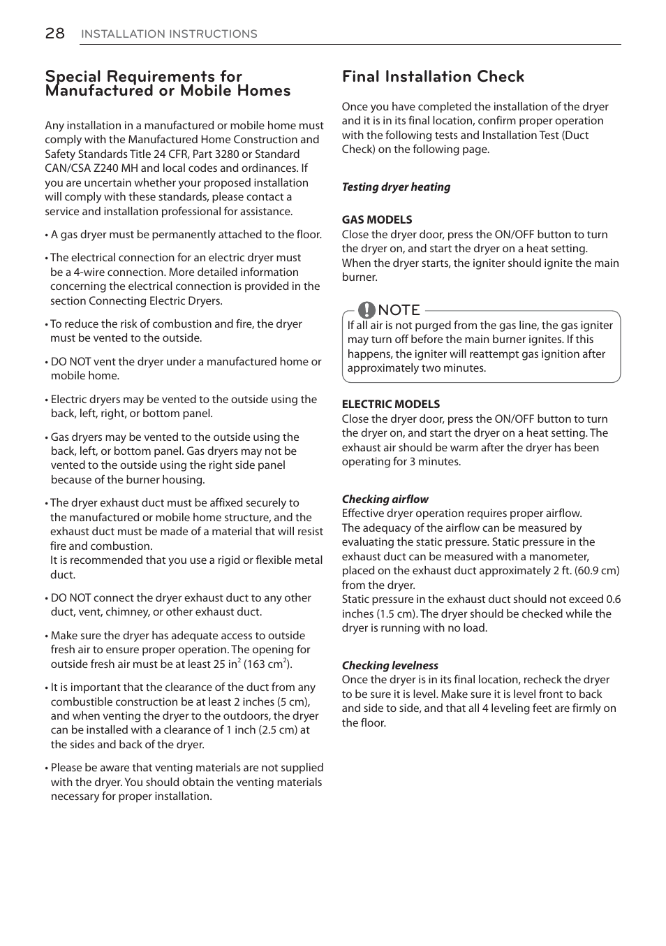 Final installation check | LG DLEX3570W User Manual | Page 28 / 116
