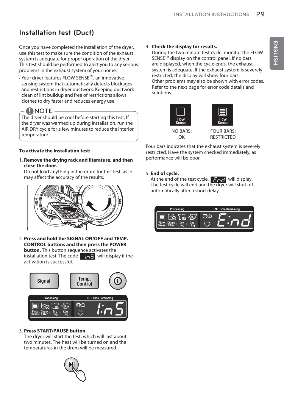 Installation test (duct) | LG DLEX3570W User Manual | Page 29 / 116