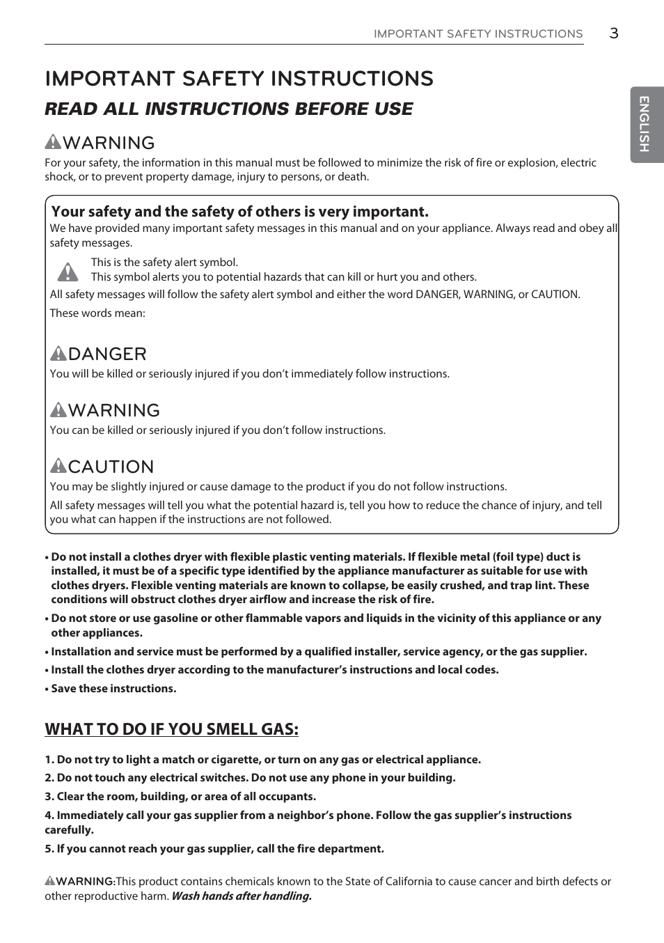 Important safety instructions, Wwarning, Danger | Warning, Caution, Read all instructions before use | LG DLEX3570W User Manual | Page 3 / 116