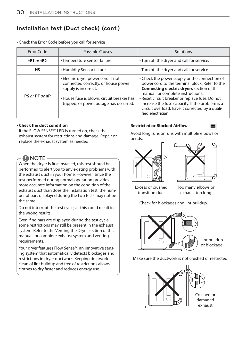 Installation test (duct check) (cont.) | LG DLEX3570W User Manual | Page 30 / 116