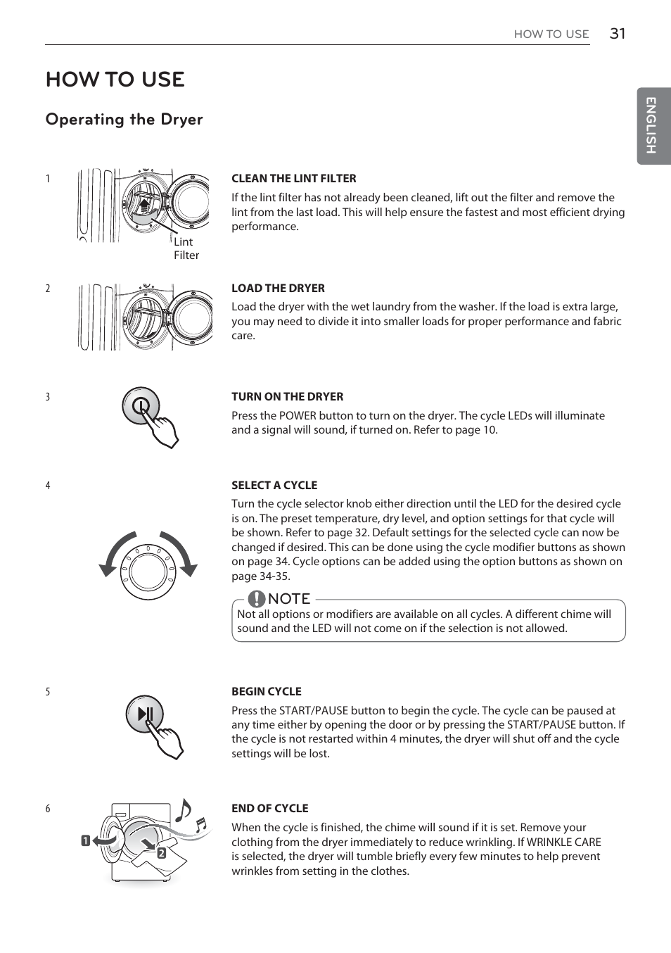 How to use, Operating the dryer | LG DLEX3570W User Manual | Page 31 / 116