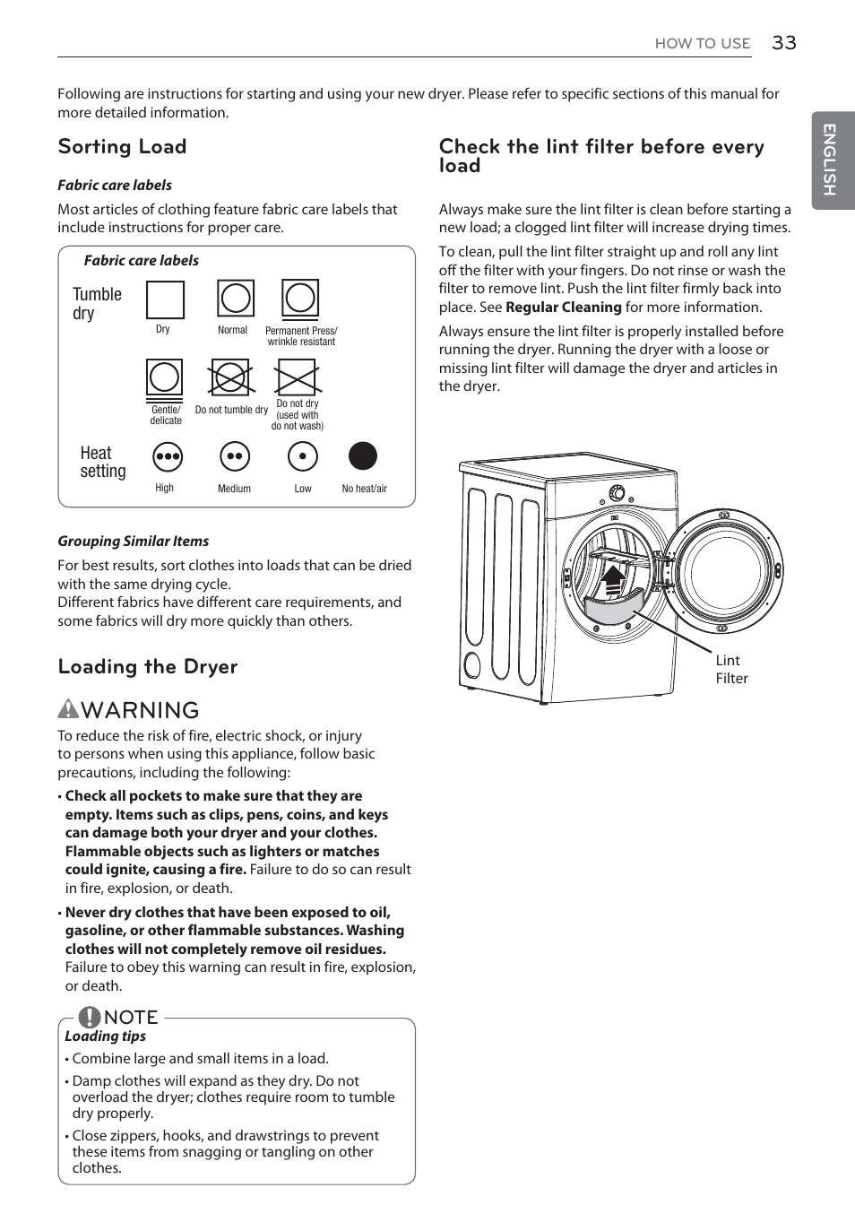 Wwarning, Check the lint filter before every load, Sorting load | Loading the dryer | LG DLEX3570W User Manual | Page 33 / 116