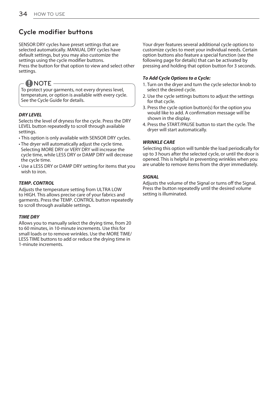 Cycle modifier buttons | LG DLEX3570W User Manual | Page 34 / 116