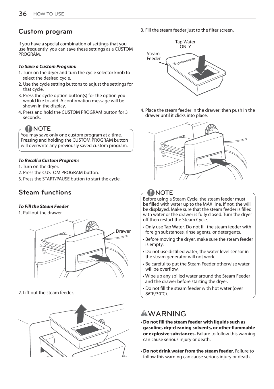 Wwarning, Custom program, Steam functions | LG DLEX3570W User Manual | Page 36 / 116