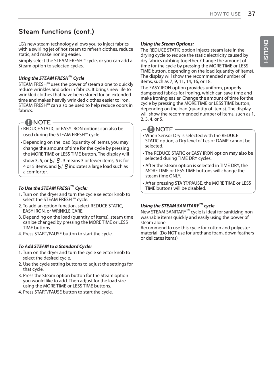 Steam functions (cont.) | LG DLEX3570W User Manual | Page 37 / 116