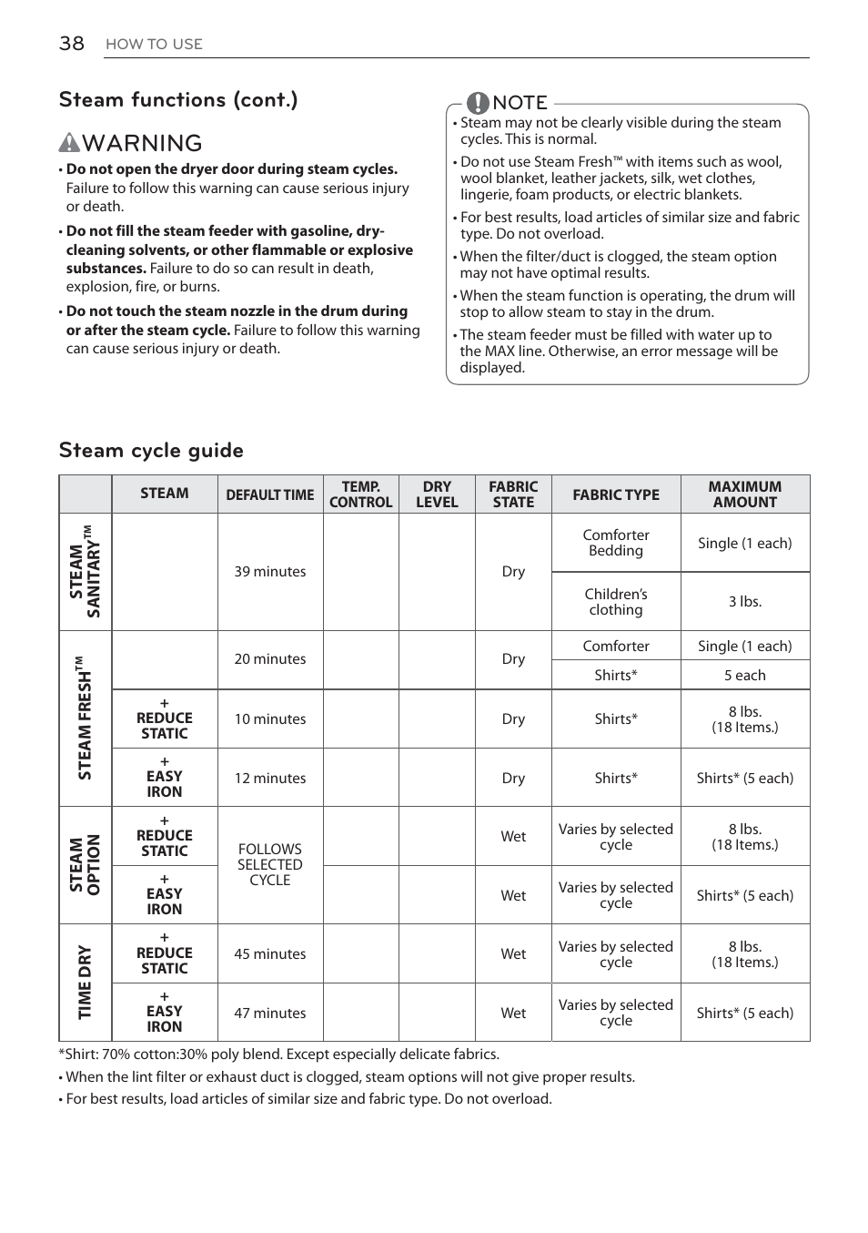 Wwarning, Steam functions (cont.), Steam cycle guide | LG DLEX3570W User Manual | Page 38 / 116