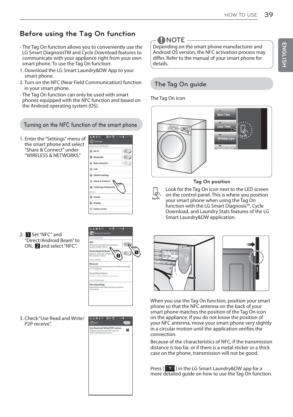 Before using the tag on function, Turning on the nfc function of the smart phone, The tag on guide | LG DLEX3570W User Manual | Page 39 / 116