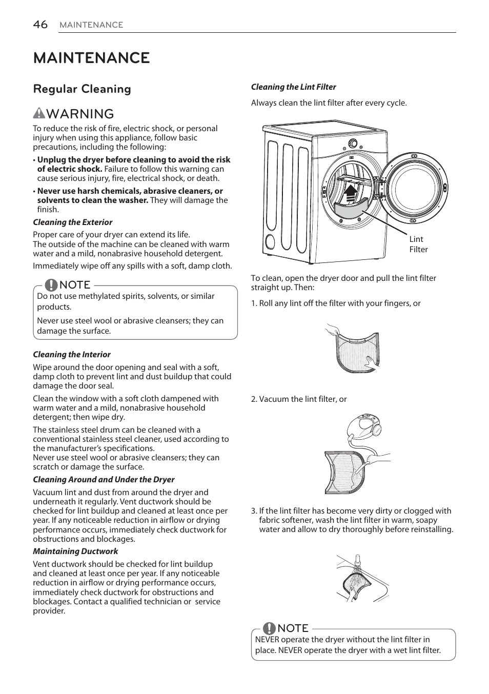 Maintenance, Wwarning, Regular cleaning | LG DLEX3570W User Manual | Page 46 / 116