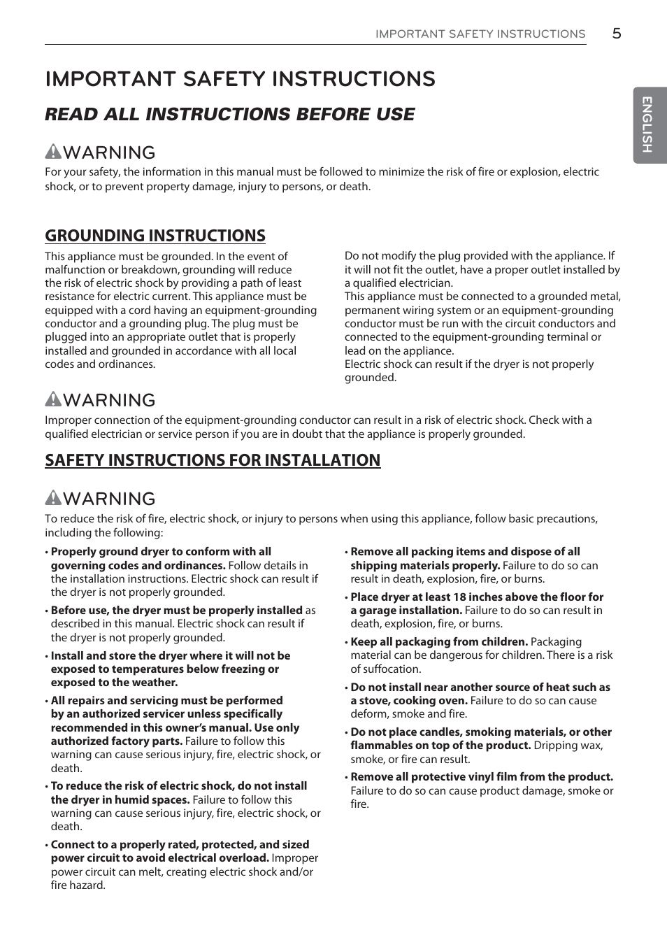 Important safety instructions, Wwarning, Read all instructions before use | LG DLEX3570W User Manual | Page 5 / 116