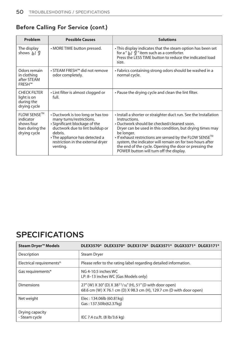 Specifications, Before calling for service (cont.) | LG DLEX3570W User Manual | Page 50 / 116
