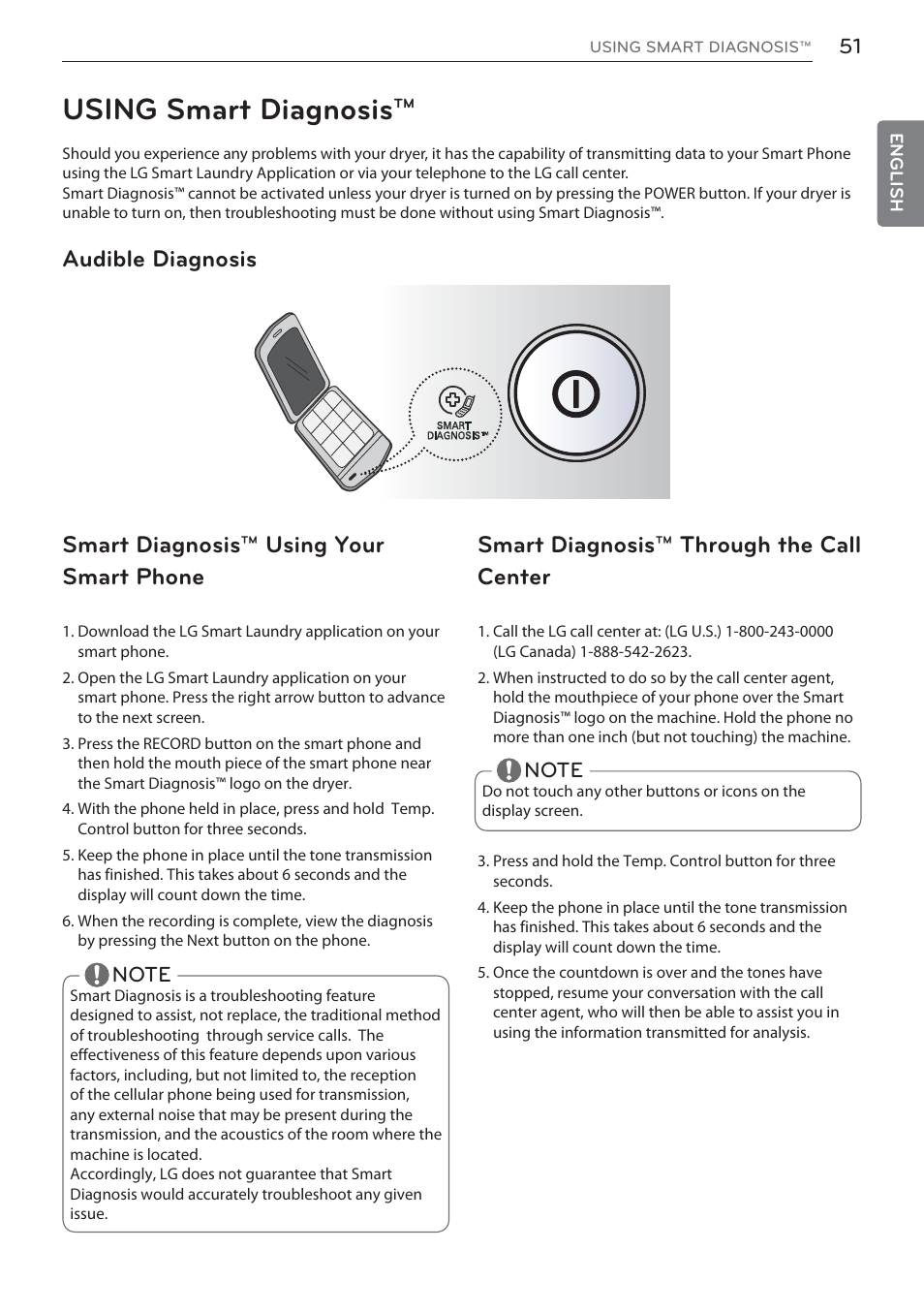 Using smart diagnosis, Audible diagnosis, Smart diagnosis™ using your smart phone | Smart diagnosis™ through the call center | LG DLEX3570W User Manual | Page 51 / 116