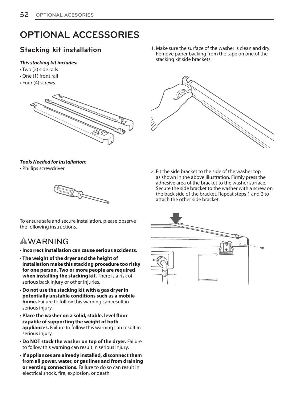 Optional accessories, Wwarning, Stacking kit installation | LG DLEX3570W User Manual | Page 52 / 116