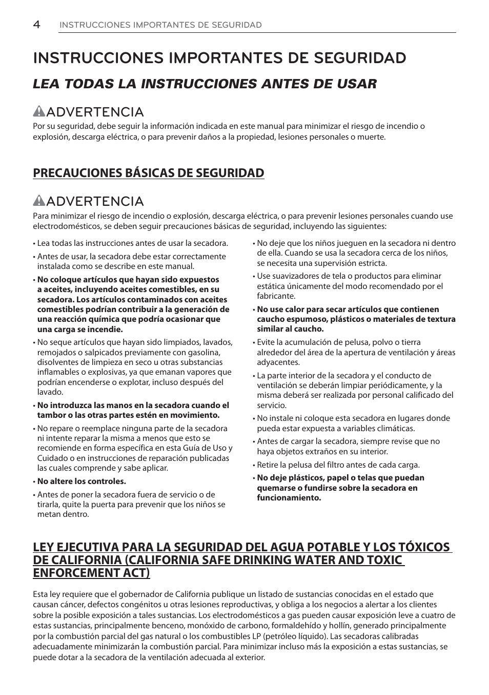 Instrucciones importantes de seguridad, Wadvertencia, Lea todas la instrucciones antes de usar | LG DLEX3570W User Manual | Page 58 / 116