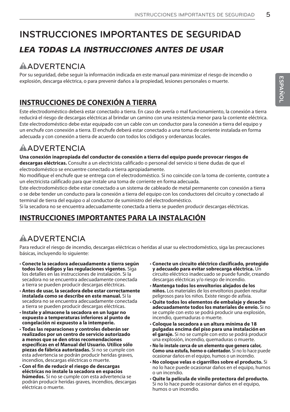 Instrucciones importantes de seguridad, Wadvertencia, Lea todas la instrucciones antes de usar | LG DLEX3570W User Manual | Page 59 / 116