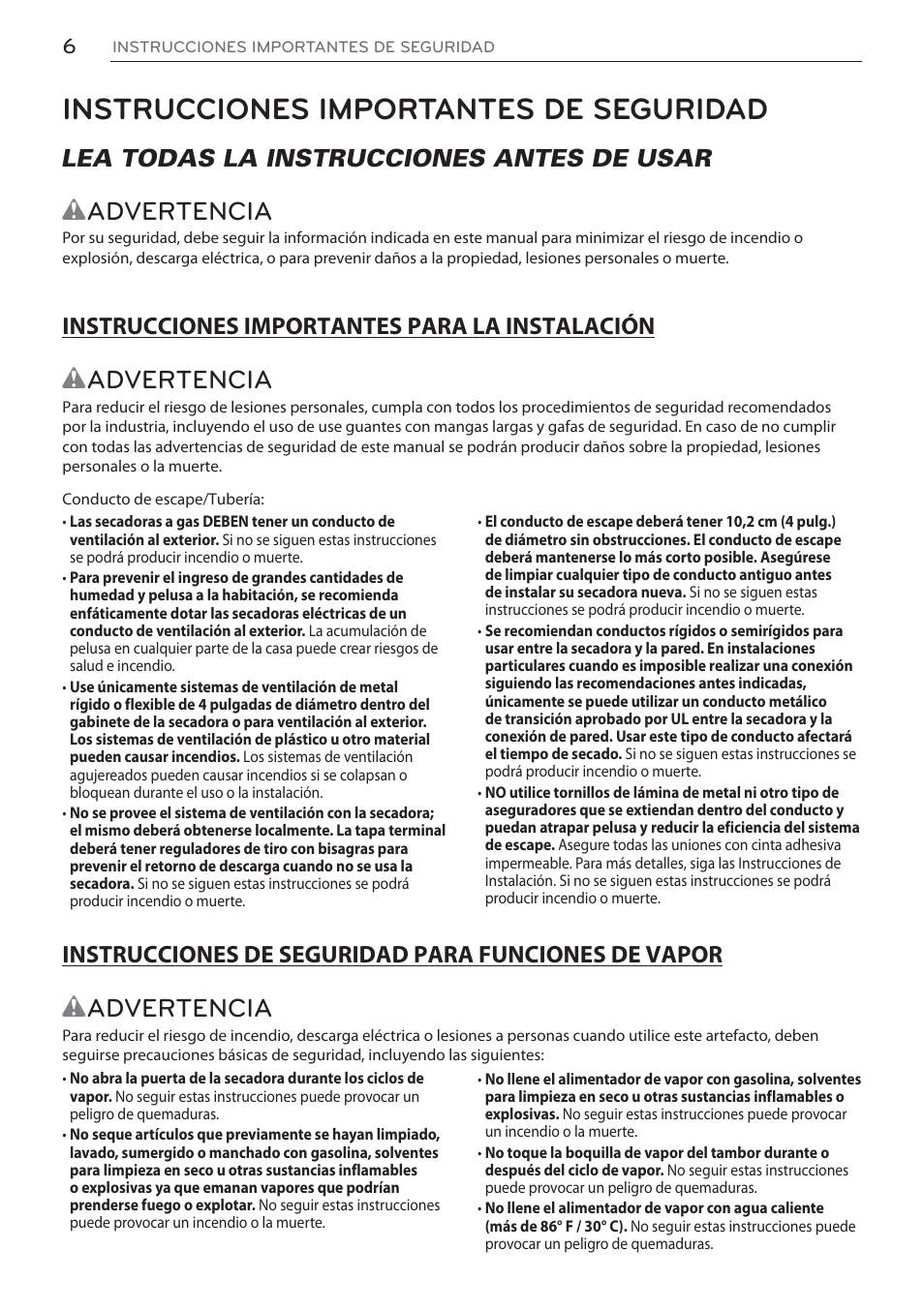 Instrucciones importantes de seguridad, Wadvertencia, Lea todas la instrucciones antes de usar | LG DLEX3570W User Manual | Page 60 / 116