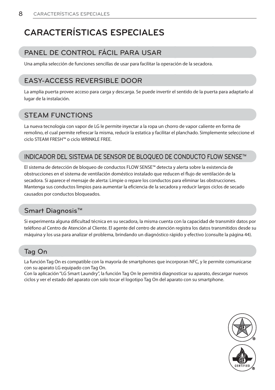 Características especiales, Panel de control fácil para usar, Easy-access reversible door | Steam functions, Smart diagnosis, Tag on | LG DLEX3570W User Manual | Page 62 / 116