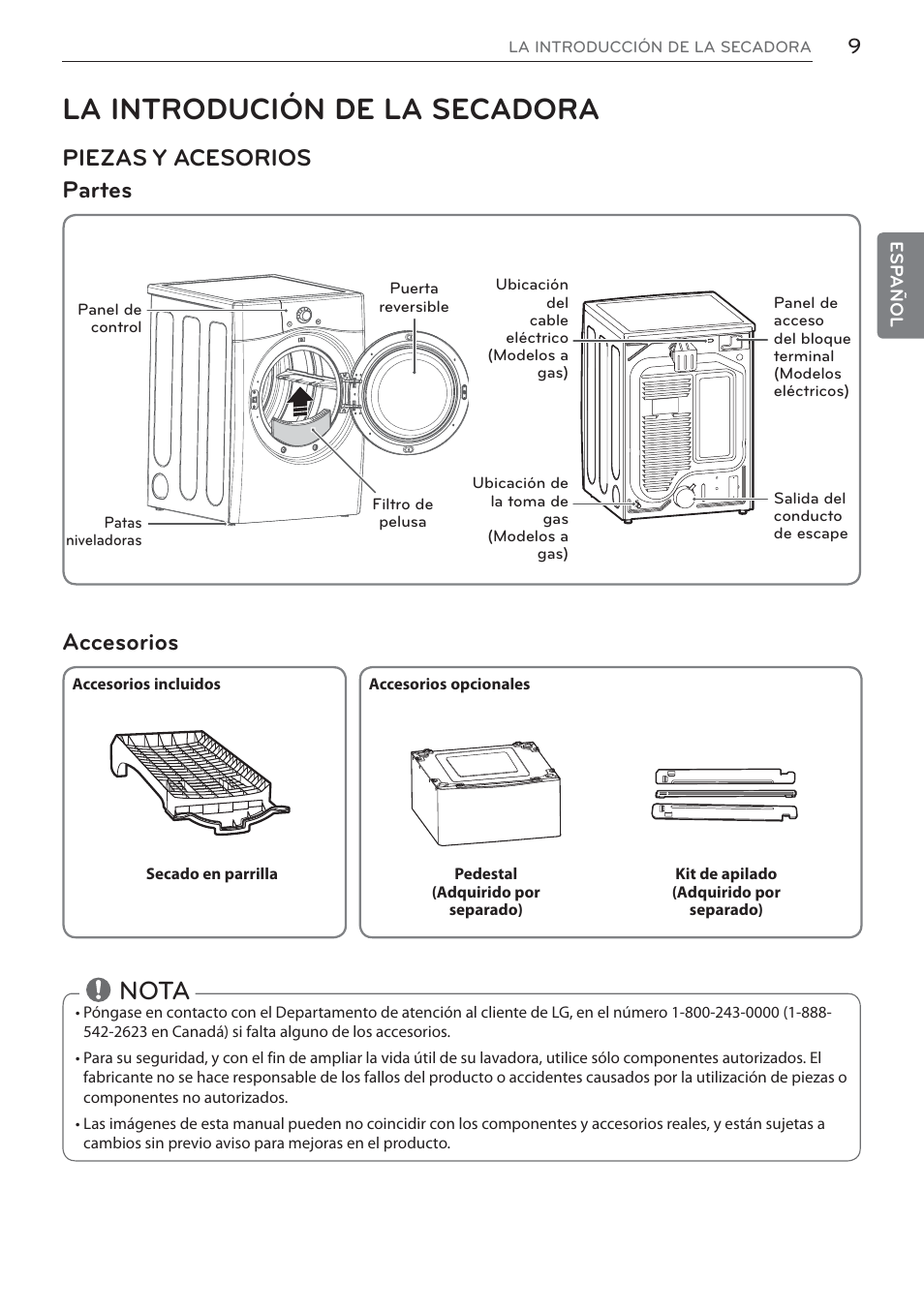 La introdución de la secadora, Nota, Piezas y acesorios partes accesorios | LG DLEX3570W User Manual | Page 63 / 116