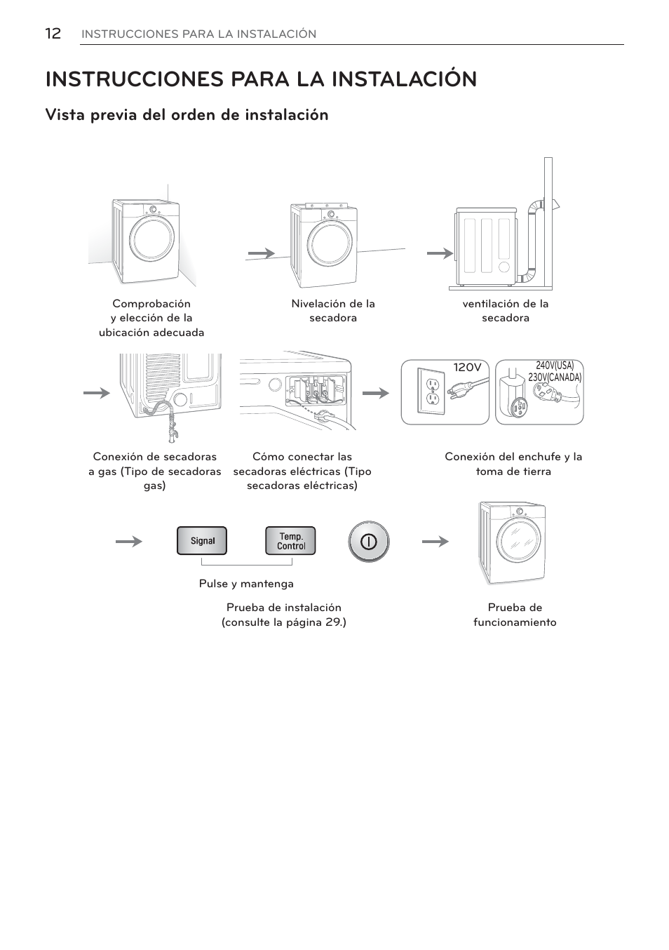 Instrucciones para la instalación, Vista previa del orden de instalación | LG DLEX3570W User Manual | Page 66 / 116