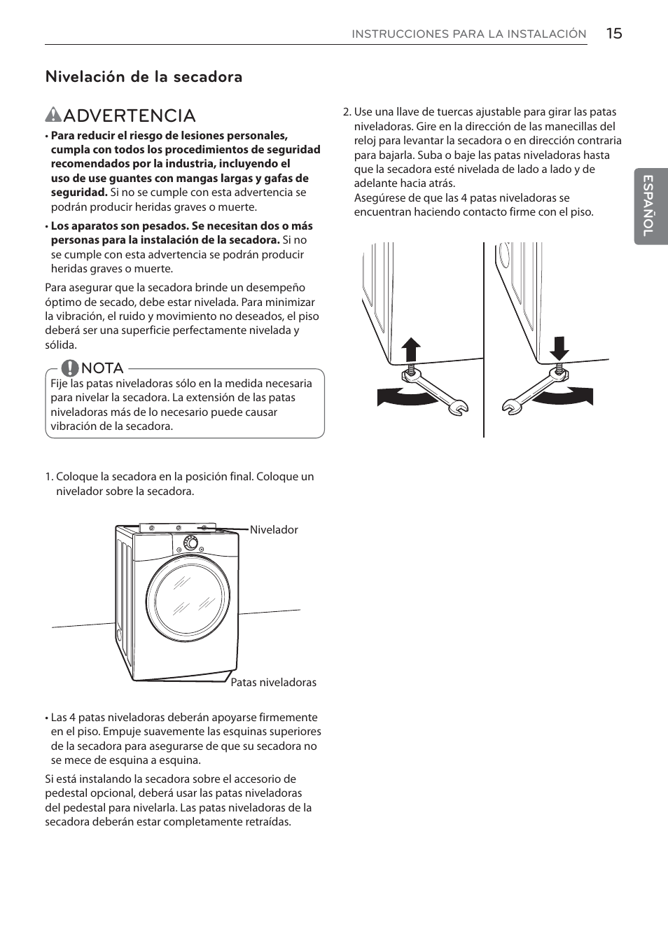 Wadvertencia, Nivelación de la secadora | LG DLEX3570W User Manual | Page 69 / 116