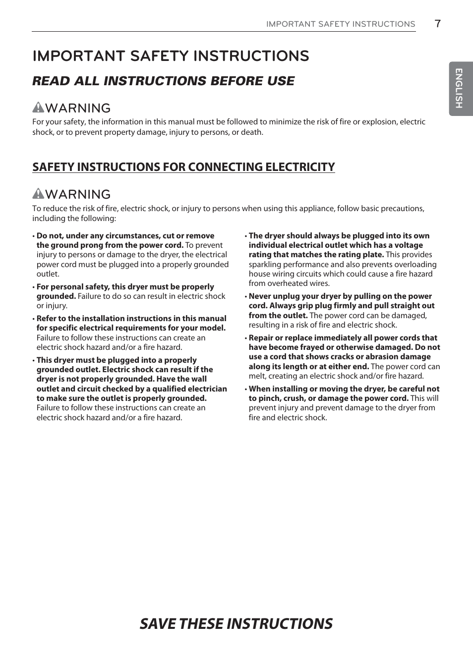 Important safety instructions, Wwarning, Read all instructions before use | LG DLEX3570W User Manual | Page 7 / 116