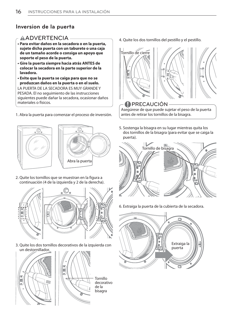Advertencia, Inversion de la puerta, Precaución | LG DLEX3570W User Manual | Page 70 / 116