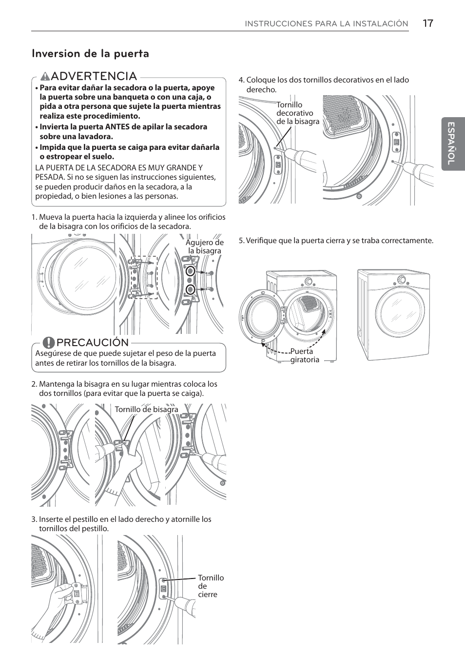 Advertencia, Inversion de la puerta, Precaución | LG DLEX3570W User Manual | Page 71 / 116